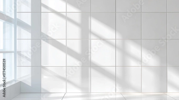 Obraz 窓の影が映る清潔感のある白いタイル　キッチン、洗面所、バスルームのイメージ