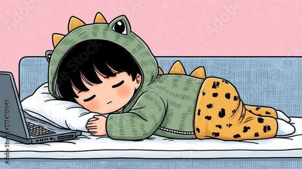 Fototapeta Child Sleeping in Dinosaur Pajamas Next to a Laptop