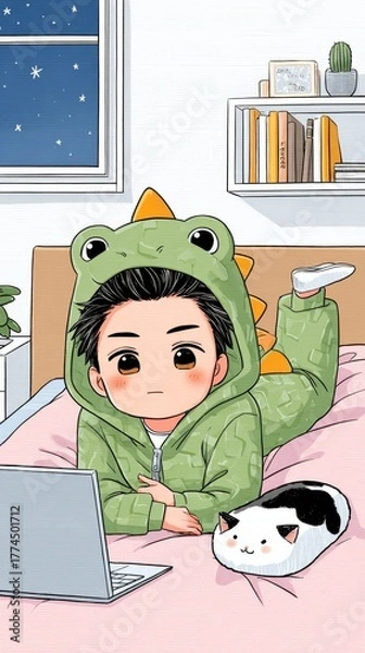 Fototapeta A Young Boy in a Dinosaur Onesie Using a Laptop with a Loaf Cat Beside Him