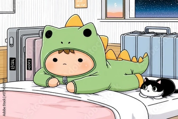 Fototapeta Child in Dinosaur Onesie Relaxing with Cat by Luggage