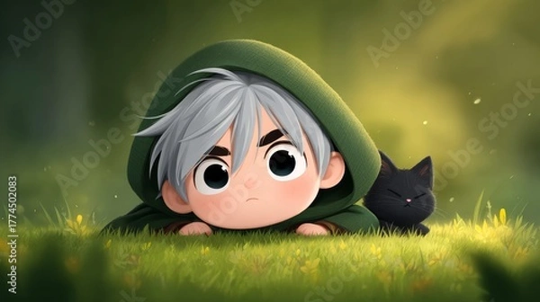 Fototapeta Chibi-style boy in a green hood with a black kitten in a grassy,sunlit environment.