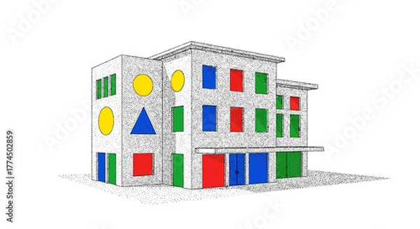 Fototapeta Hand Drawn Building with Colorful Geometric Decoration Illustration.