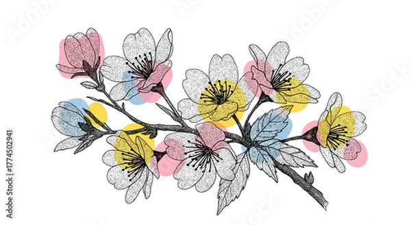 Obraz Delicate Cherry Blossom Branch with Watercolor Accents.
