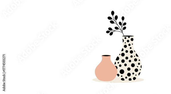 Fototapeta Minimalist Vases with Botanical Accents on White Background.