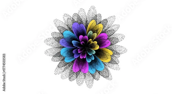 Fototapeta Vibrant abstract flower with a colorful center and sketched petals.