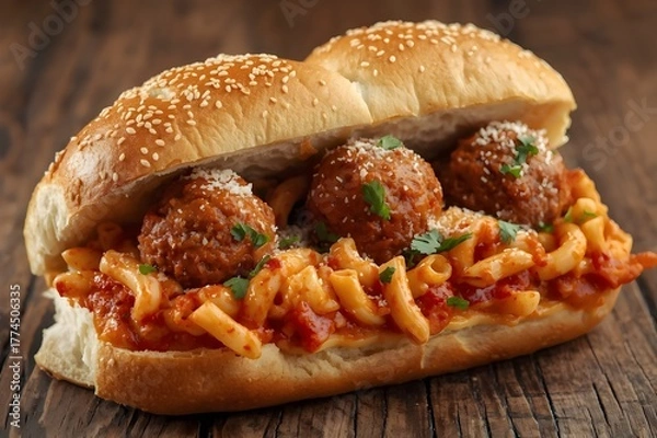 Fototapeta A burger bun filled with meatballs, pasta, sauce, and cheese.