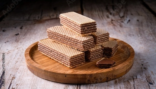 Fototapeta Pile Of Wafer Filled With Cocoa Cream Flavored On Wooden Plate