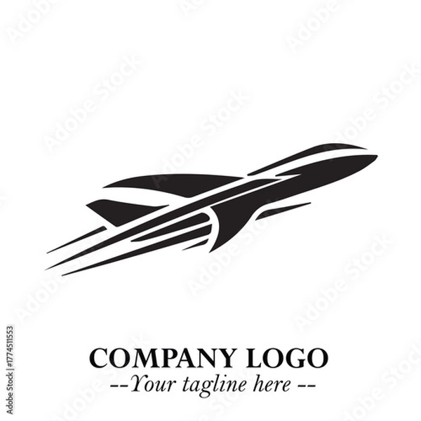 Fototapeta Plane Flying Fast Logo Symbol in Black on the White Background with Dynamic Aviation Design
