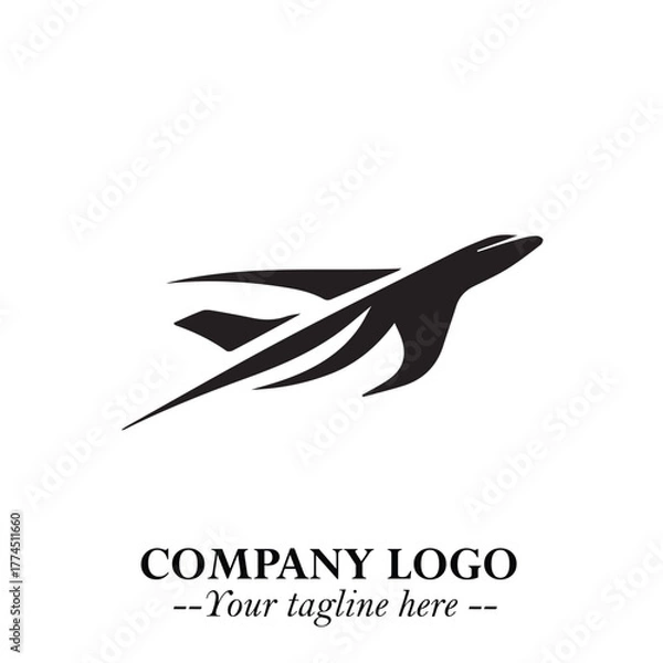 Fototapeta Plane Flying Fast Logo Symbol in Black on the White Background with Dynamic Aviation Design