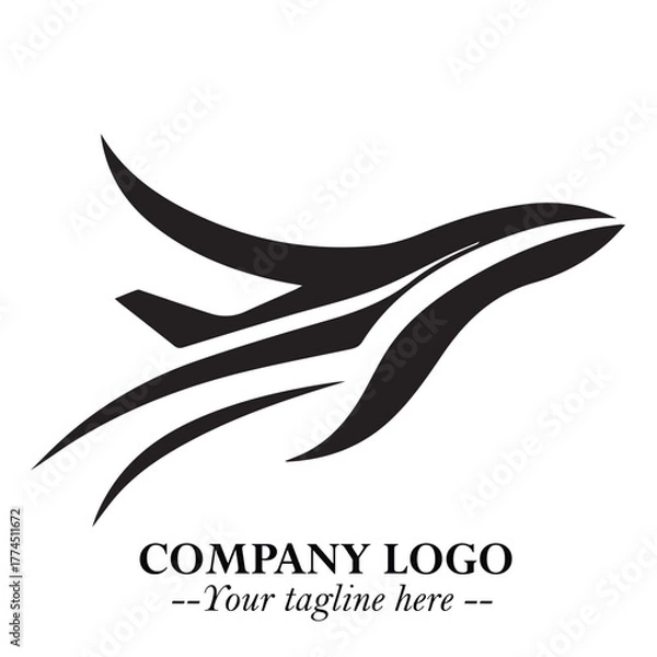 Fototapeta Plane Flying Fast Logo Symbol in Black on the White Background with Dynamic Aviation Design