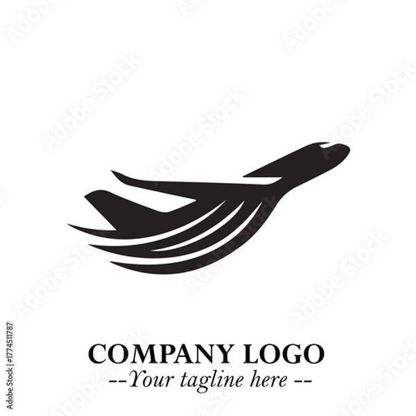 Fototapeta Plane Flying Fast Logo Symbol in Black on the White Background with Dynamic Aviation Design