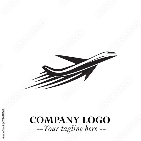 Fototapeta Plane Flying Fast Logo Symbol in Black on the White Background with Dynamic Aviation Design