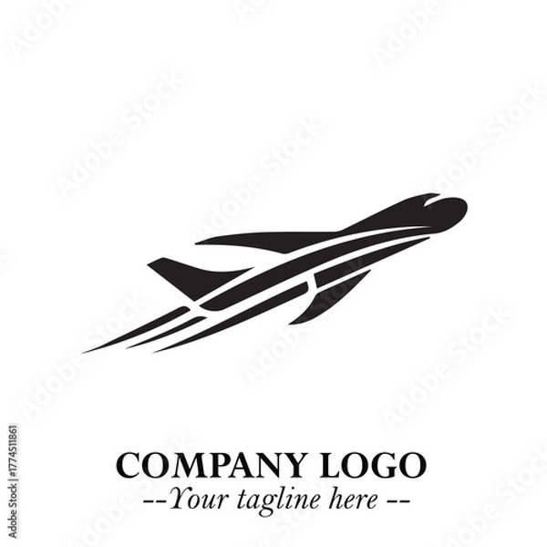 Fototapeta Plane Flying Fast Logo Symbol in Black on the White Background with Dynamic Aviation Design