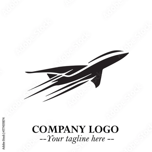 Fototapeta Plane Flying Fast Logo Symbol in Black on the White Background with Dynamic Aviation Design