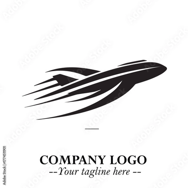 Fototapeta Plane Flying Fast Logo Symbol in Black on the White Background with Dynamic Aviation Design