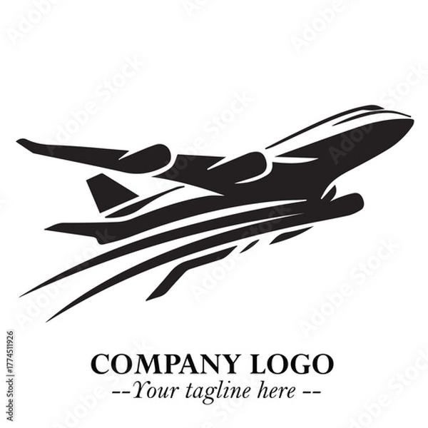 Fototapeta Plane Flying Fast Logo Symbol in Black on the White Background with Dynamic Aviation Design