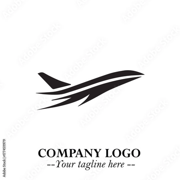 Fototapeta Plane Flying Fast Logo Symbol in Black on the White Background with Dynamic Aviation Design
