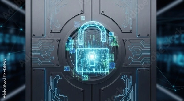 Fototapeta Digital padlock glowing with futuristic circuit board patterns representing secure data and online protection