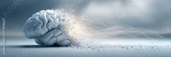Fototapeta A cracked brain model emits glowing energy, symbolizing mental strain or breakthrough. Innovation, stress, or the fragility of the human mind.