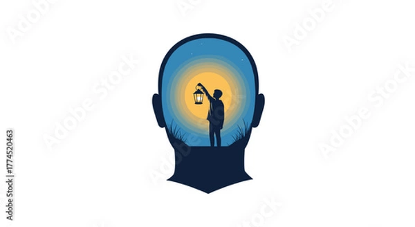 Fototapeta Silhouette of a person holding a lantern inside a human head silhouette, Generative AI.