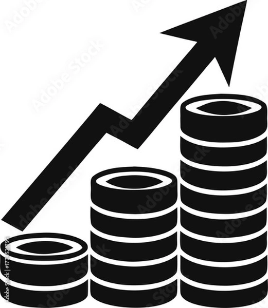 Fototapeta Stack of coins turning into upward arrow – profit growth vector. silhouette vector icon , black and white , white background