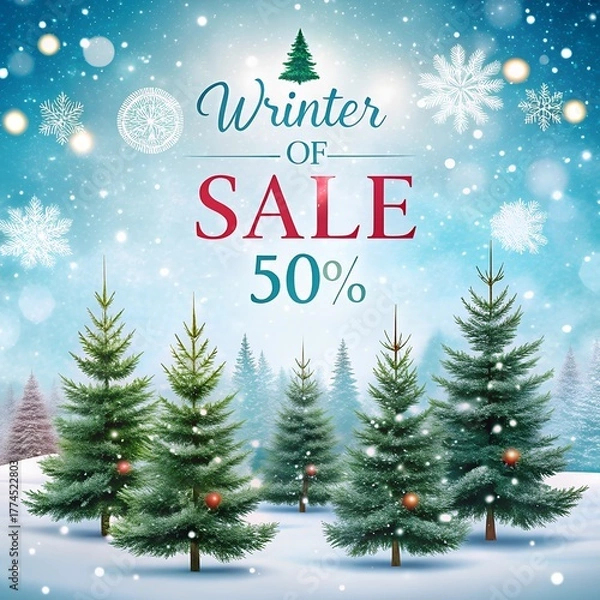Fototapeta A winter sale banner featuring large white snowflakes and Christmas trees with a bokeh effect on a blue background. A festive design offering 50% off winter sales.
