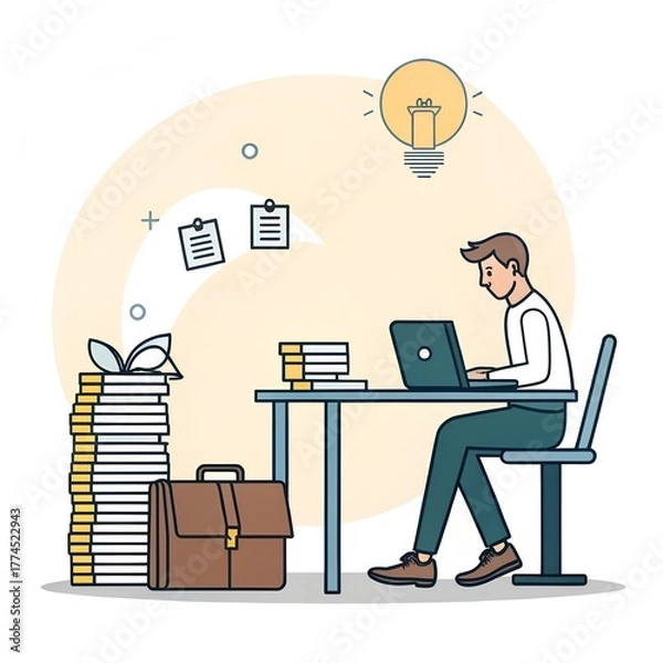 Fototapeta A businessman sits in an office with a laptop and a stack of books.