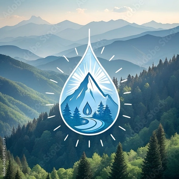 Fototapeta The logo is shaped like a drop of water, with mountains, a river, and a pine forest depicted within. It symbolizes pure nature, ecology, freshness, and sustainable. mountain landscape in the mountains