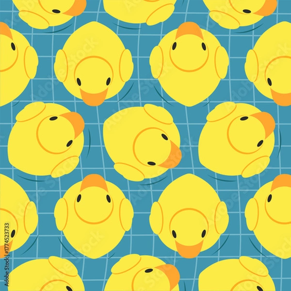 Obraz Duck seamless pattern on blue background flat style. Plastic toy yellow duckling floats in the bathtub, children's bathroom toy