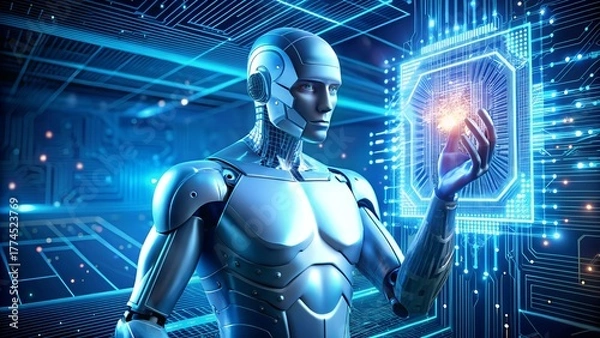 Obraz A futuristic humanoid robot holds a glowing digital core, symbolizing artificial intelligence, innovation, and advanced technology.