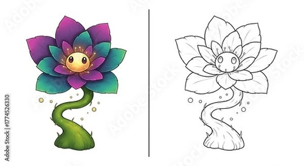 Obraz Illustration of a cute fantasy lotus flower character with a face isolated on white background