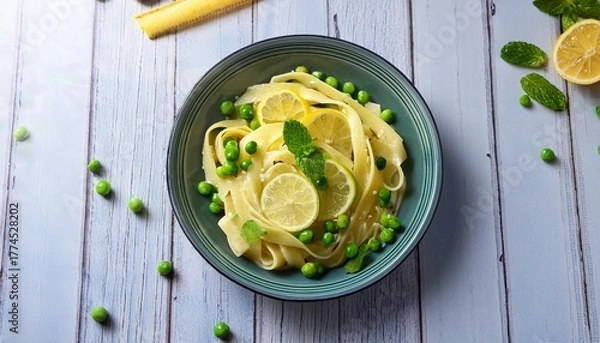 Fototapeta creamy lemon pasta with mint and peas for a refreshing summer meal