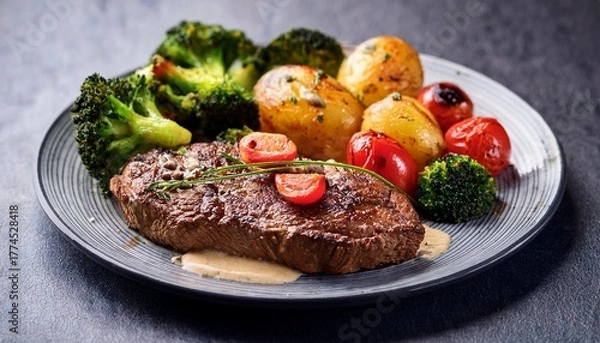 Fototapeta grilled steak with herb sauce roasted potatoes cherry tomato red bell pepper broccoli on plate delicious and vibrant meal