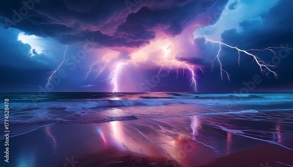 Fototapeta stormy sky rain lightning dramatic cloud ocean beach reflection horizon nature landscape powerful lightning strikes dramatic storm clouds over