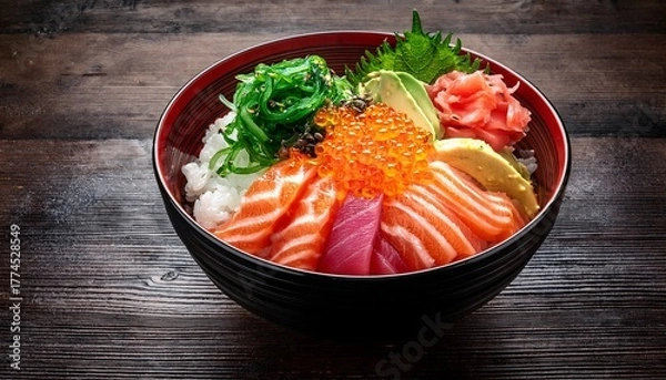 Fototapeta chirashi don fresh sashimi rice bowl with salmon tuna avocado seaweed and roe vibrant japanese cuisine on wooden table