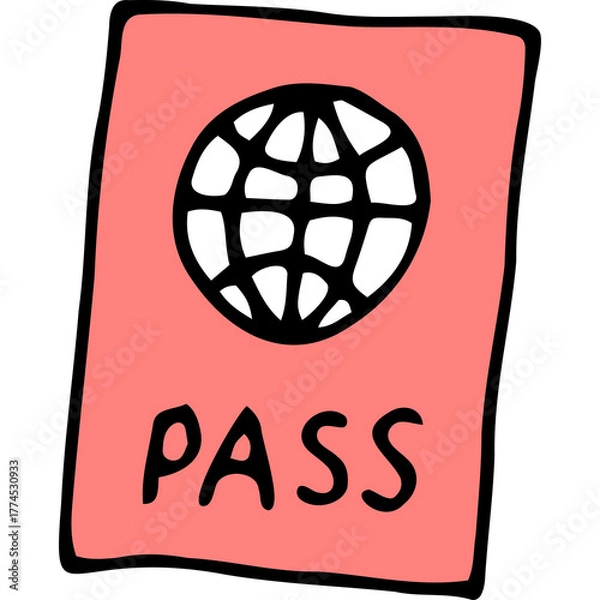 Fototapeta Hand Drawn Icon Of A Pink Passport With A Black Globe And The Word Pass On It On A Transparent Background