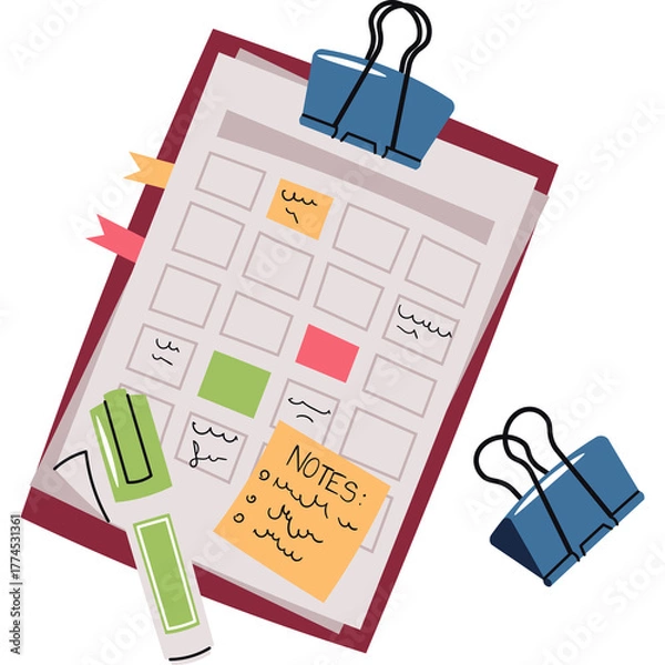 Fototapeta Hand drawn illustration of a planner with sticky notes and clips on a transparent background organized for scheduling and tasks