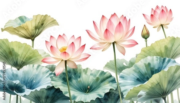 Fototapeta Watercolor Lotus Flowers and Leaves on White Background, Delicate Pink Petals, Serene Composition