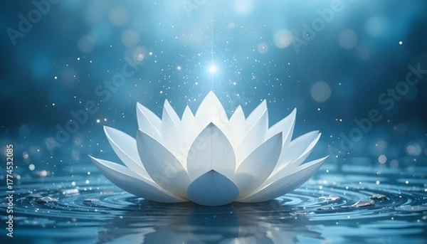 Obraz Serene White Lotus Blossom Floating on Water with Sparkling Light