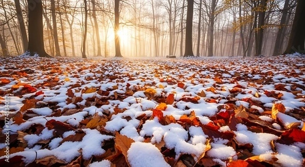 Fototapeta Autumn forest floor covered in snow with sunlight peeking through trees