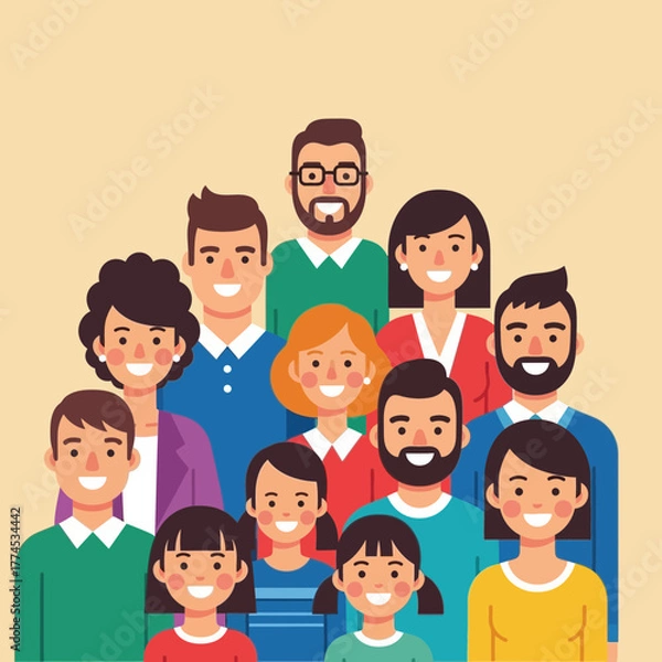 Fototapeta Vector SVG Illustration of Diverse Happy Family in Flat Design Style with Bright Colors for Web and Digital Media