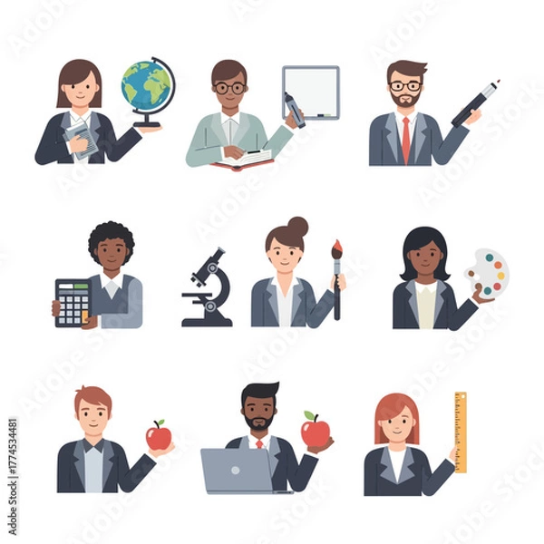 Fototapeta Vector SVG Illustration of Diverse Professionals with Scientific and Creative Tools in Modern Flat Style Colors Include Blue Red Green Yellow