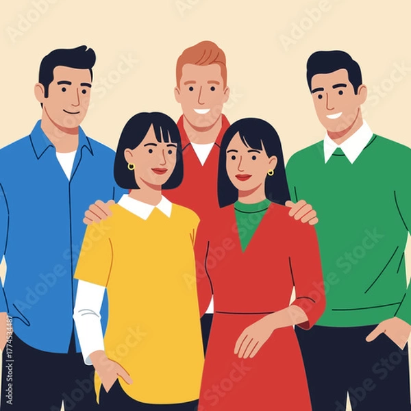 Fototapeta Modern Flat Vector SVG Illustration of Group of People with Bright Clothing in Minimalist Style for Web and Digital Media