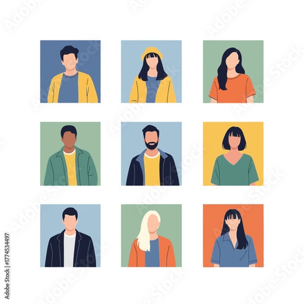 Fototapeta Modern Vector SVG Illustration of Nine Diverse Portraits in Flat Design Style with Bright Color Palette for Digital Media