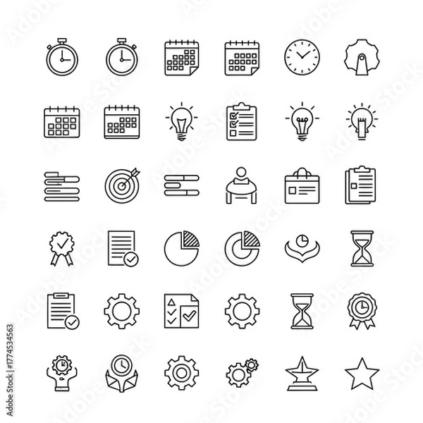 Fototapeta Vector Line Art SVG Icon Set with Stopwatch Calendar Light Bulb and Gear Symbols in Minimalist Flat Style