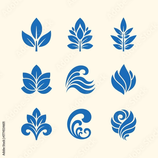 Fototapeta Minimalist Vector SVG Floral Icon Set with Symmetrical Leaf and Petal Designs in Blue Color