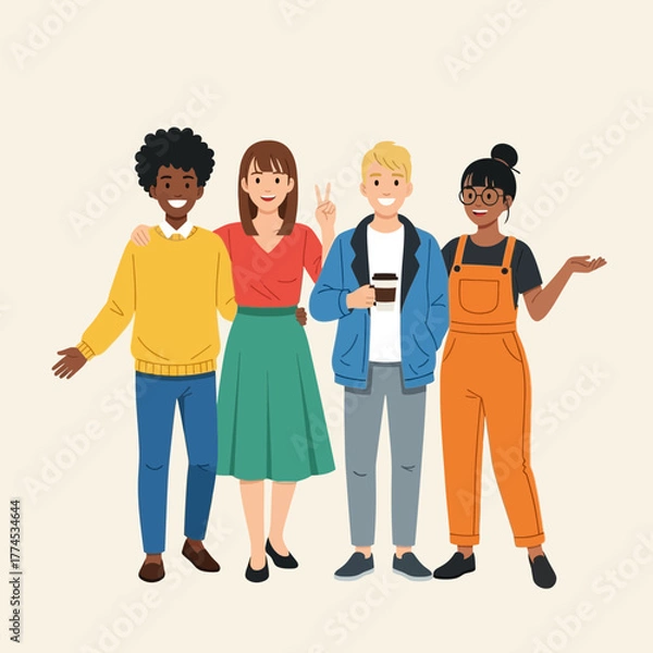 Fototapeta Illustration Vector SVG of Diverse Group of People in Casual Clothing in Modern Flat Style with Bright Colors for Web and Digital Media Use