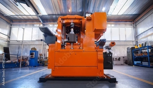 Obraz a robust orange hydraulic press stands prominently in an industrial workshop heavy duty compressing