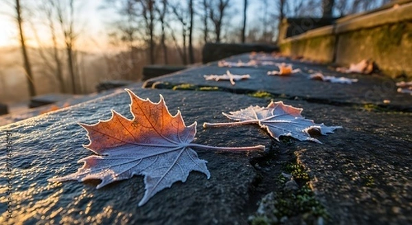 Fototapeta Autumn leaves resting on weathered stone with soft sunlight background