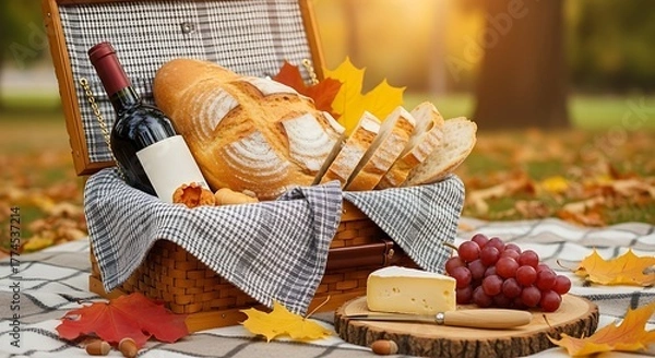Fototapeta Autumn picnic basket with bread wine grapes cheese and fall leaves